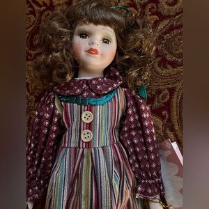 ENOK Porcelain Doll Tan Dress The Rose Collection Stand Brown Hair COA